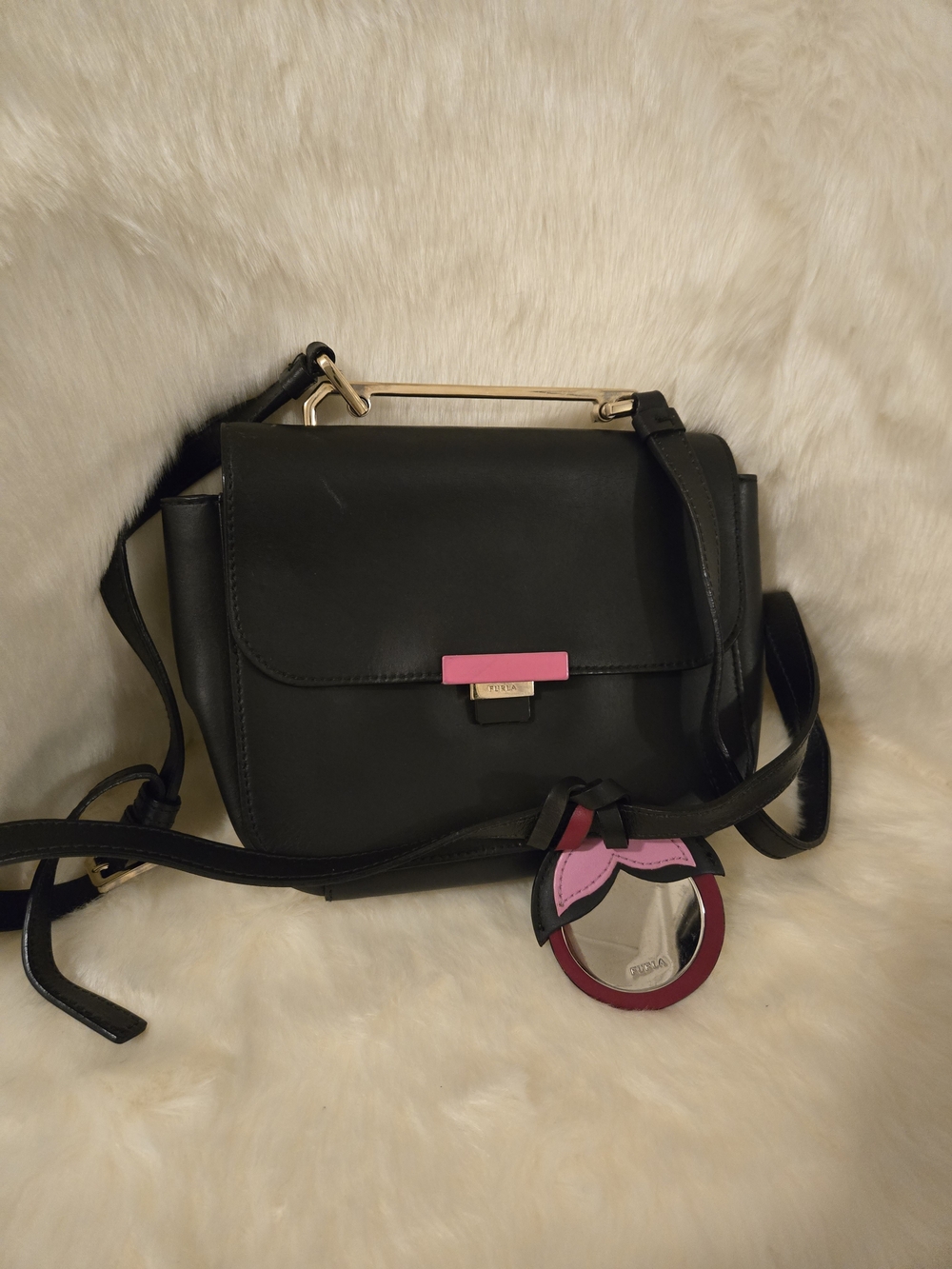 Furla Black Leather Crossbody with Pink Accent Tab